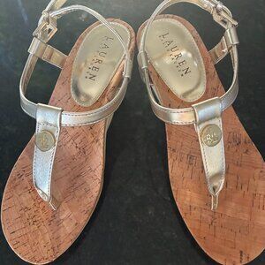 Lauren Ralph Lauren Gold Cork Wedge Sandals T Strap Adjustable Buckle-NEW - 6.5B